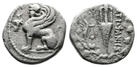 Islands off Ionia, Chios, circa 133-88 BC. AR Drachm (17 mm, 3.79 g.). Metrophanes, magistrate. Sphinx with curved wings seated to left; in the left f...
