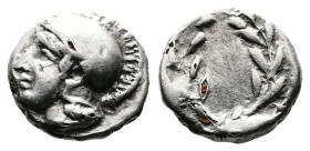 Aiolis, Elaia, circa. 450-400 BC. AR Fourée Diobol (10,5mm, 1,01g.). Helmeted head of Athena left. Rev. Laureate wreath. SNG Copenhagen 166. Only a mi...