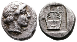 Ionia, Kolophon, circa 450-410 BC. AR Drachm, Persic standart (16mm, 5.44 g.). Laureate head of Apollo right. Rev.Kithara in incuse square. Milne, Col...