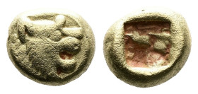 Kings of Lydia, Alyattes to Kroisos, circa 610-546 BC. Electrum Hemihekte – 1/12 Stater (7 mm, 1,17 g.). Sardes. Head of a lion with an open jaws, sun...