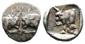 Caria, Uncertain mint, circa 450-400 BC. AR Diobol (13mm, 1,56 g.). Confronted foreparts of bulls. Rev. Forepart of bull left within incuse square. Go...
