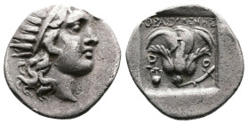 Islands off Caria, Rhodes, circa 150-125 BC. AR Drachm (16mm, 2,56g.). Thrasymenes, magistrate. Radiate head of Helios right. Rev. Rose with bud, P-O ...
