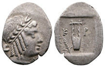 Lykian League, Kragos, circa 30-27 BC. AR Hemidrachm (19mm, 1,56g.). Laureate head of Apollo to right; wearing taenia. Rev. Kithara; K-P across fields...