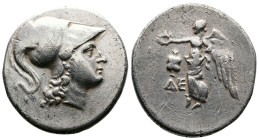 Pamphylia, Side. Circa 205-100 BC. AR Tetradrachm (30 mm, 16.7 g.). Magistrate Deino... Head of Athena to right, wearing crested Corinthian helmet. Re...