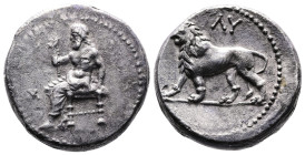 Persia, Alexandrine Empire, Uncertain satraps of Babylon, circa 328-311 BC. AR Tetradrachm (23mm, 16,79 g.). Baal seated left, holding scepter, M in t...