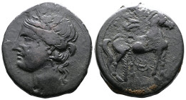 Zeugitana, Carthage, Time of Hannibal, Second Punic War, 220-215 BC. AE Trishekel (30mm, 19,46 g.). Head of Tanit to lrft. Rev. Horse standing, a palm...