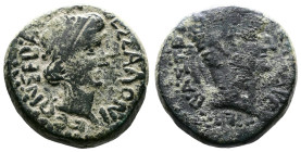 Macedon, Thessalonica, Tiberius, with Livia, 14-37 AD. AE (20mm, 9,22 g.). TI KAIΣAΡ ΣEBAΣTOΣ Laureate head of Tiberius to right. Rev. ΘEΣΣAΛONIKEΩN Σ...