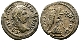 Macedon, Stobi, Caracalla 198-217 AD. AE (23mm, 6,33g.). M AVR ANTONINVS AV, laureate bust to right. Rev. MVNIC STOB, Victory advancing to right, hold...