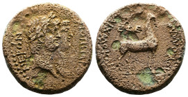 Ionia, Ephesus, Nero,with Poppaea 54-68 AD. AE Assarion (20 mm, 6,62 g.), struck under the proconsul M. Acilius Aviola and the magistrate Aichmokles. ...