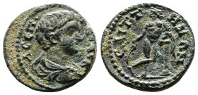 Lydia, Saitta, Geta, 198-209 AD. AE (17mm, 2,6g.). Λ CΕΠ ΓΕΤΑC Κ Bare-headed, draped bust right. Rev. CAITTΗNΩΝ Apollo standing, legs crossed, leaning...