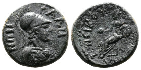 Lydia, Sala, Pseudo-autonomous issue 117-161 AD. AE (17 mm. 4,42 g.). CAΛHNΩN, helmeted head of Athena right. Rev. EΠI ANΔΡONEIKOY CAΛ, Kybele seated ...