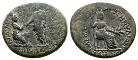 Lydia, Sardis, Tiberius with Livia, 14-37 AD. AE (19 mm, 3,67 g.). Ioulios Kleon and Memnon, magistrates. ΣΕΒΑΣΤΟΣ ΚΑΙΣΑΡΕΩΝ ΣΑΡΔΙΑΝΩN Tiberius, on th...