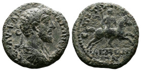 Phrygia, Acmoneia, Marcus Aurelius, 161-180 AD. AE Assarion (19 mm, 3,70 g.), struck under the magistrate Tyndianos. ΑY ΚΑΙ ΑΝΤΩΝΙΝΟC CE Laureate, dra...