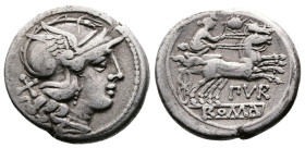 L. Furius Purpurio, 169-158 BC. AR Denarius (19mm, 4,01g.). Rome. Helmeted head of Roma to right; X (mark of value) behind. Rev. The Dioscuri riding t...