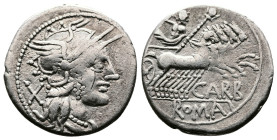 Cn. Papirius Carbo. 121 BC. AR Denarius (20 mm, 3.87 g.). Rome. Helmeted head of Roma right; X behind. Rev. CARB below, ROMA in exergue, Jupiter, hold...