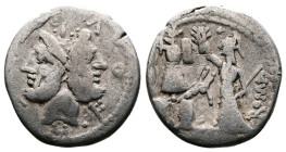M. Furius L.f. Philus, 120 BC. AR Denarius (18 mm, 3,71 g.), Rome. M•FOVRI•L•F Laureate head of Janus. Rev. ROMA PH L I Roma standing front, head to l...