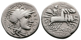 Q. Curtius with M. Silanus. 116-115 BC. AR Denarius (18 mm, 3,72 g.). Rome. Q•CVRT Head of Roma to right wearing winged and crested helmet; behind, X ...