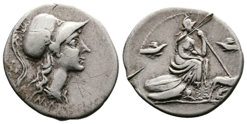 Anonymous issues. 115-114 BC. AR Denarius (21mm, 3,86 g.). Head of Roma right, w...