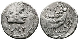 Fonteia, 114-113 BC. AR Denarius (20 mm. 3,76 g). Rome. Laureate head of Janus N and star left and right. Rev. C FONT above galley with pilot and thre...
