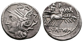 Lucius Appuleius Saturninus, 104 BC. AR Denarius (19 mm, 3.90 g). Rome. Head of Roma to left, wearing winged helmet and pearl necklace. Rev. L•SATVRN ...