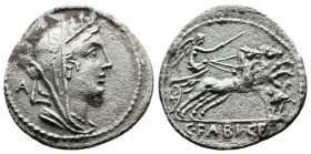 C. Fabius C.f. Hadrianus, 102 BC. AR Denarius (20 mm, 3.39 g.). Rome. Veiled and turreted bust of Cybele to right; behind, A. Rev. C•FABI•CF Victory i...