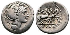 T. Manlius Mancinus, Appius Claudius Pulcher and Q. Urbinius. 111 or 110 BC. AR Denarius (17mm, 3,80g.). Helmeted head of Roma right. behind, quadrang...