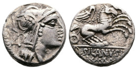 D Junius Silanus, 91 BC. AR Denarius (16 mm. 4,07 g). Rome. Helmeted head of Roma right, control letter A behind head.. Rev. Victory driving galloping...