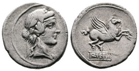 Q. Titius, 90 BC. AR Denarius (19 mm. 3,75 g.). Rome. Youthful head of Bacchus right, wreathed with ivy wreath. Rev. Pegasus springing right on tablet...