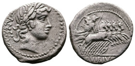 C. Vibius C.F. Pansa, 90 BC. AR Denarius (20 mm. 3,74 g.). Rome. PANSA, laureate head of Apollo right, branch beneath chin. Rev. Minerva, holding trop...