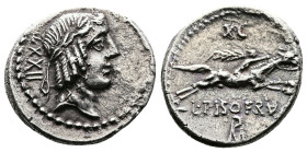 L. Piso Frugi, 90 BC. AR Denarius (18 mm. 3,89 g). Rome. Laureate head of Apollo right, behind, XXII. Rev. Rev. Naked horseman galloping right, holdin...