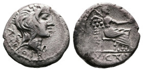M Porcius Cato, 89 BC. AR Quinarius (13 mm. 1,95 g.). Rome. Wreathed head of Liber right, wearing ivy wreath. M. CATO behind head, trident beneath nec...