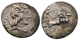 L. Julius Bursio, 85 BC. AR Denarius (20 mm. 4,12 g.). Rome. Winged-laureate and draped bust of Apollo Vejovis right, hair in formal curls, trident an...