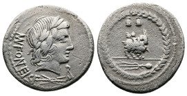 M. Fonteius. 87 B.C. AR Denarius (21 mm, 3.99 g.). M· FONTEI C·F (below the chin), laureate head of Apollo Vejovis right. Rev. Eros (or infant winged ...