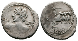 C. Licinius L.f. Macer, 84 BC. AR Denarius (22 mm. 3,51 g.). Rome. Diademed bust of Vejovis left, holding thunderbolt, seen from the back. Rev. Minerv...