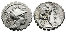 C. Poblicius Q. f. AR Denarius serratus (18 mm, 3,91 g.). Rome, 80 BC. Draped bust of Roma to right, wearing helmet ornamented with gryphon's head; be...