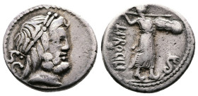 L Procilius AR Denarius, 80 BC. AR Denarius (18 mm. 3,89 g.). Rome. S C behind laureate head of Jupiter right. Rev. L PROCILI F, Juno Sospita walking ...