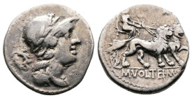 M Volteius Mf, 78 BC. AR Denarius (17,3 mm. 3,6 g.). Rome. Laureate and helmeted bust of Attis right, laurel wreath behind head. Rev. Cybele sitting r...