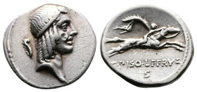 C. Calpurnius Piso L.f. Frugi. 67 BC. AR Denarius (17 mm, 3.88 g.). Head of Apollo right, hair bound with fillet; behind, curled feather. Rev. Horsema...