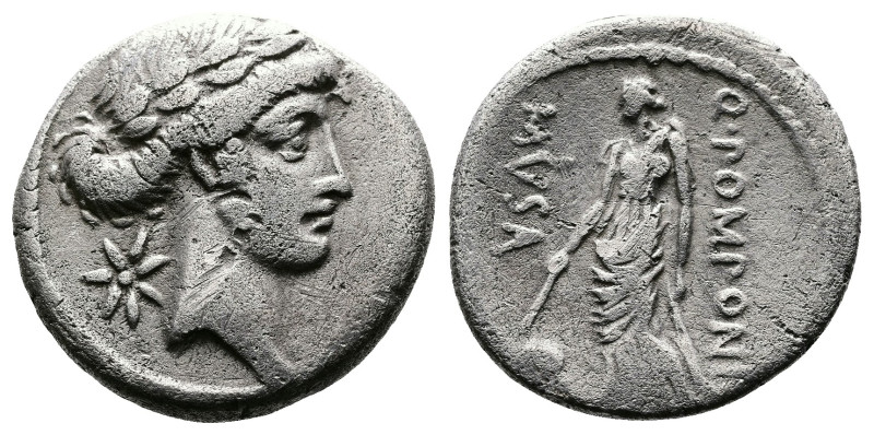 Q. Pomponius Musa, 56 BC. Denarius (17 mm, 3,64 g.). Rome. Laureate head of Apol...