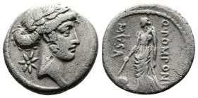 Q. Pomponius Musa, 56 BC. Denarius (17 mm, 3,64 g.). Rome. Laureate head of Apollo to right; behind, star. Rev. Q•POMPONI MVSA Urania, the Muse of Ast...