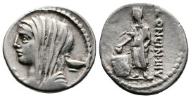 L. Cassius Longinus. 63 BC. AR Denarius (19 mm, 3.94 g.) Diademed and veiled head of Vesta left., below chin, L. In r. field, kylix. Rev. LONGIN·III·V...