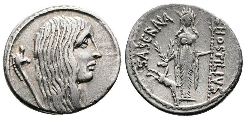 L. Hostilius Saserna. 48 BC. AR Denarius (20 mm, 3.56 g.). Head of Gallia (femal...