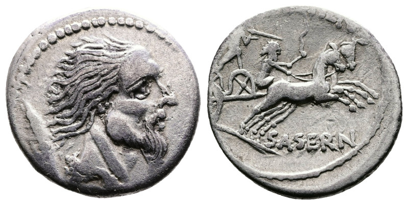 L. Hostilius Saserna, 48 BC. AR Denarius (19 mm, 3.86 g.). Rome. Draped male bus...