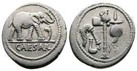 Julius Caesar, 49-48 BC. AR Denarius (19 mm. 3,80 g.). Military mint travelling with Caesar. Elephant walking right, trampling on serpent, CAESAR in e...