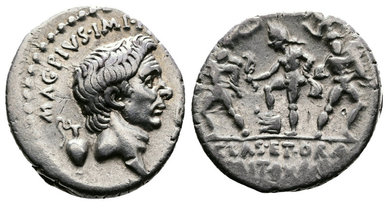 Sextus Pompey, 42-40 BC. AR Denarius (19 mm. 3,85 g.). Uncertain mint in Italy. ...