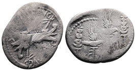 Marc Antony, Legionary AR Denarius (21 mm, 3,19 g.). Military mint moving with Antony, autumn 32 - spring 31 BC. ANT•AVG III•VIR•R•P•C, praetorian gal...