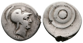 Octavian, autumn 30-summer 29 BC. Denarius (18 mm, 3,00 g.). Uncertain mint in Italy, probably Rome or Brundisium. Helmeted head of youthful Mars to r...