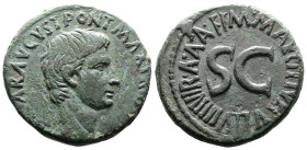 Augustus, 27 BC-AD 14. AE As (26 mm, 12,39 g.), with Maecilius Tullus, moneyer, Rome, 7 BC. CAESAR AVGVST•PONT•MAX•TRIBVNIC POT Bare head of Augustus ...