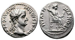 Tiberius, AD 14-37. AR Denarius. (17,8 mm. 3,8 g.). Lyons mint. TI CAESAR DIVI AVG AVGVSTVS, laureate head right. Rev. PONTIF MAXIM, Livia, as Pax, ho...