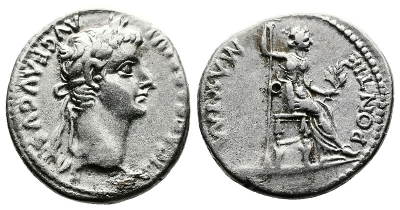 Tiberius, AD 14-37. AR Denarius. (18mm. 3,7 g.). Lyons mint. TI CAESAR DIVI AVG ...